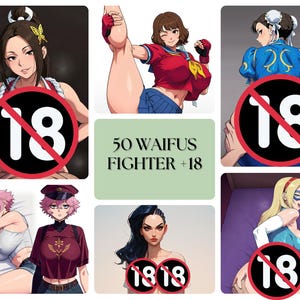 Puede incluir: Un collage de seis ilustraciones de personajes femeninos, cada una con un estilo y atuendo distintos. Las imágenes están acompañadas de un rectángulo verde con el texto "50 WAIFUS FIGHTER +18" y un círculo rojo con el número "18" sobre cada ilustración.