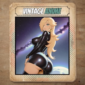 May include: A rectangular print featuring the text VINTAGE ANIME at the top. The central illustration depicts a blonde character with star-shaped earrings wearing a tight, shiny black long-sleeved dress against a backdrop of a galaxy and a planet.
