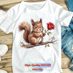 Könnte beinhalten: Weißes T-Shirt mit einer Aquarellillustration eines Eichhörnchens, das eine rote Rose hält. Das Eichhörnchen ist braun mit einem flauschigen Schwanz und sitzt auf einem Ast. Das Shirt hat den Text "High-Quality 300 DPI" und "PNG File".