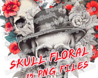 Gotisk skalle och blomma Clipart-paket: Mörka blommiga PNG-designer (digital nedladdning)