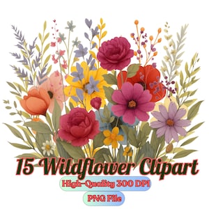 15 Romantic Watercolor flower PNG Set - Soft Pastel Wildflowers, Transparent Background, 300 DPI, Floral Clipart, T-shirt, Mug, and more