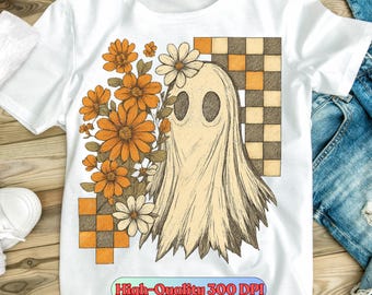 Vintage Ghost with Flowers PNG: Retro Halloween Clipart (Digital Download)