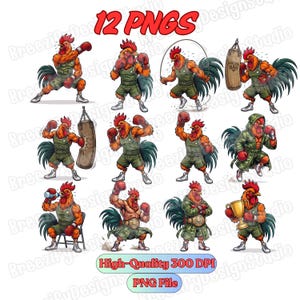 May include: A collection of 12 digital illustrations featuring an anthropomorphic rooster athlete in various boxing poses, wearing olive green athletic gear, red boxing gloves, and white sneakers, with text reading 12 PNGS and High-Quality 300 DPI PNG File.