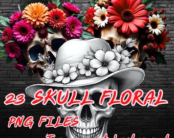 Floral Skull PNG Bundle | 23 Grunge Aesthetic Skull Clipart for Sublimation, Tattoos, Stickers | Transparent Background, 300 DPI, For Crafts