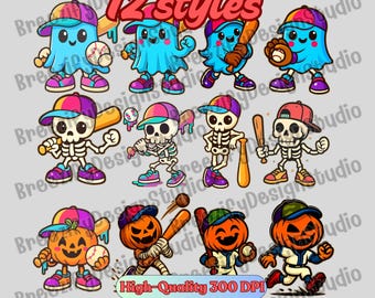 May include: A collection of 12 baseball-themed cartoon characters, including ghosts, skeletons, and jack-o'-lanterns, each wearing a baseball cap and uniform. The characters are in various action poses, with bats and baseballs. The image includes the text "12 styles".
