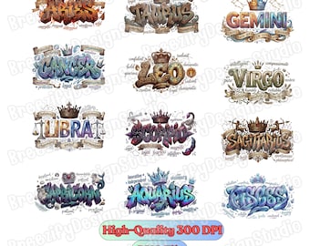 12 Zodiac Signs PNG Bundle, Astrology Typography Designs, Horoscope Graffiti Style, 12 Signs Horoscope Street Art, Zodiac Graffiti PNG Art