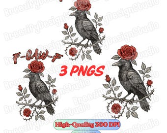Corvo gotico con rose rosse PNG - Arte del corvo vintage scuro - Arte gotica floreale - Romanticismo dark gotico, Clipart di San Valentino, Anti San Valentino
