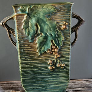 Roseville Pottery Bushberry Vase 36-9 – Green Art Deco Double Handle