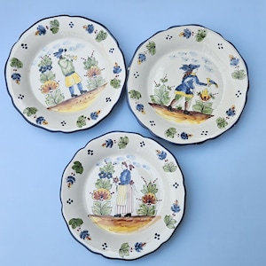 Set of 3 Vintage French Faience Plates – Breton Figures, Hand-Painted, Scalloped Edge