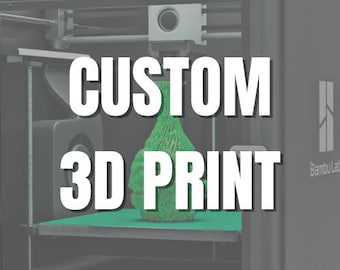 May include: A 3D printer with the text "CUSTOM 3D PRINT" in white. A green, textured vase is on the printer's platform. The printer is in a dark gray enclosure. The Bambu Lab logo is visible on the right.