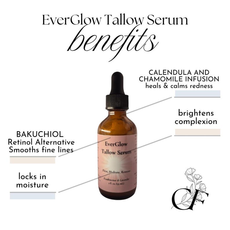 Op de afbeelding: Een bruine glazen fles EverGlow Tallow Serum met een zwarte druppelaar. Het etiket vermeldt ingredi&euml;nten en voordelen: Bakuchiol, Calendula, Kamille en het verheldert de teint. De tekst "benefits" staat erboven.