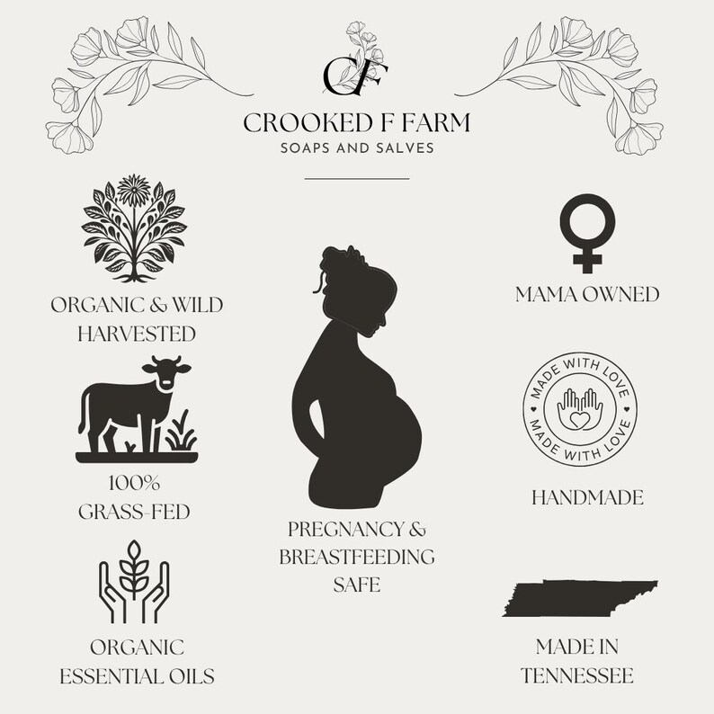 Op de afbeelding: Cr&egrave;mekleurige afbeelding met de tekst "Crooked F Farm Soaps and Salves". Bevat een silhouet van een zwangere persoon, een koe en de woorden "Organic & Wild Harvested", "100% Grass Fed" en "Pregnancy & Breastfeeding Safe."