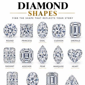 May include: An informational chart titled ICECRAFT DIAMOND SHAPES displaying fourteen distinct diamond cuts including round, princess, oval, cushion, emerald, radiant, asscher, pear, marquise, heart, elongated radiant, oval brilliant, emerald cut, and trillion.