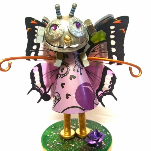 Plum Fairy Bot Girly Robot. Hand make in UK.  Junk art, mixed media sculpture flower fairy girl robot