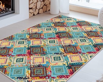 Colorful Geometric Pattern Rectangular Area Rug, Bohemian Style Living Room Carpet, Modern Decorative Rug for Home Decor