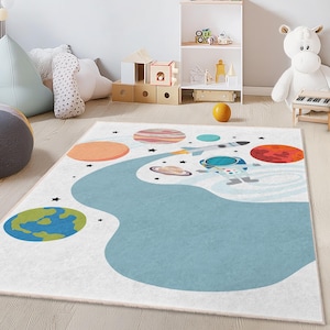 Space Adventure Kids Play Rug, Astronaut Carpet for Kids Room, Rectangular Play Mat, Galaxy Decor, Toddler Playroom Rug