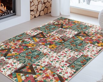 Tapete retangular com padrão geométrico colorido, tapete para sala de estar em estilo vintage, decoração boho para casa, tapete exclusivo para salão de beleza