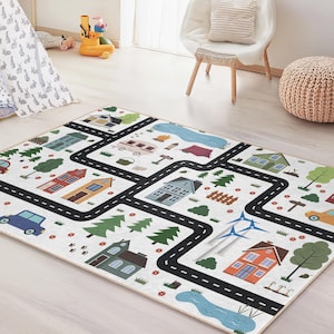 Kleurrijke wegenkaart vloerkleed voor kinderen, rechthoekig tapijt voor de speelkamer, leuk kinderkleed, decoratie kinderkamer, interactieve speelmat