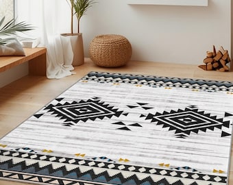 Geometric Patterned Rectangular Area Rug | Boho Chic Living Room Carpet | Modern Home Decor | Stylish Black and White Rug