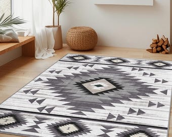 Geometric Tribal Pattern Rectangular Area Rug | Modern Bohemian Home Decor | Soft Cotton Carpet for Living Room
