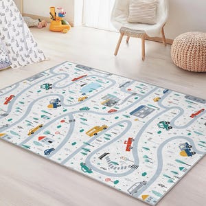 Levendige wegenkaart kindertapijt, speelse rechthoekige speelmat, kinderkamertapijt, kleurrijk voertuigontwerp, decoratie kinderkamer
