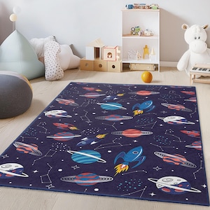 Space Adventure Kids Rug, Rocket and Planet Play Mat, Rectangle Children’s Carpet, Galaxy Theme Rug for Kids Room, Nursery Decor