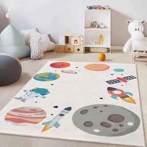 Cosmic Adventure Kids Rug, Space Theme Play Mat, Rectangle Kids Room Carpet, Astronaut Rug, Galaxy Decor for Children