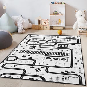 Zwart-wit stadsplattegrond kinderspeelkleed, rechthoekig kindertapijt, interactieve speelmat, decoratie kinderkamer, zacht kinderkamertapijt