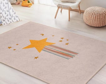 Starry Night Rectangular Kids Rug, Colorful Star Decor Rug, Playroom Carpet, Nursery Area Rug, Dreamy Kids Room Decor