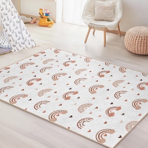 Colorful Rainbow Hearts Rectangular Kids Rug, Cute Rainbow Carpet, Playroom Decor, Nursery Rug, Soft Children’s Rug