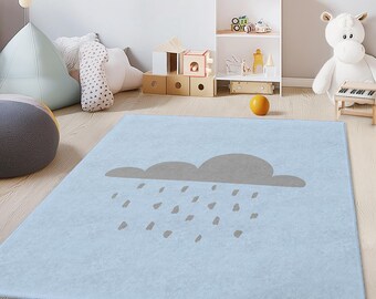 Cloudy Sky Kids Rug, Soft Nursery Playroom Carpet