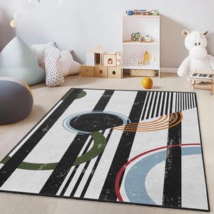 Geometric Pattern Rectangular Kids Rug, Modern Striped Area Rug, Colorful Playroom Carpet, Unique Nursery Decor