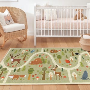 Forest Adventure Kids Rug, Animal Theme Rectangular Carpet, Playroom Decor, Nursery Rug, Kids Room Soft Floor Mat