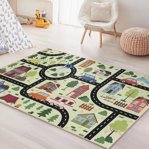 Kleurrijke stadswegenkaart kindertapijt, leuk speelkamertapijt, interactief peutertapijt, educatief decor voor kinderkamer