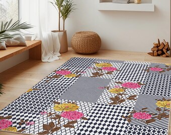 Tapis rectangulaire en patchwork de fleurs, tapis vintage floral, tapis de salon, décoration d'intérieur bohème chic, tapis de sol élégant