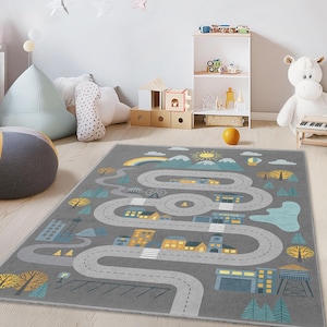 Kleurrijk tapijt met wegenkaart voor kinderen, interactieve speelmat, rechthoekig kinderkamertapijt, kinderkamerinrichting, tapijt voor kinderspeelkamer