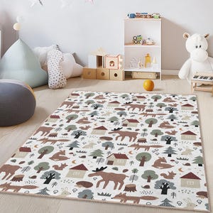 Whimsical Woodland Animal Kids Rug, Rectangular Forest Theme Carpet, Children Room Decor, Cute Animal Play Mat, Nursery Rug