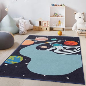 Outer Space Adventure Kids Rug, Astronaut Play Mat, Galaxy Themed Rug for Children&#39;s Room, Space Design Nursery Decor