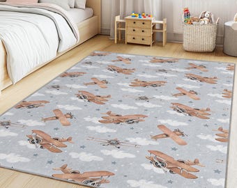 Airplane Pattern Kids Rectangle Rug, Cute Aircraft Rug for Nursery, Playroom Decor, Soft Kids Bedroom Carpet