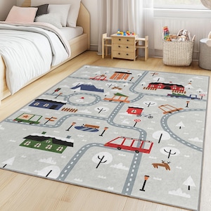 Fantasierijke speelruimte, kleurrijke wegenkaart kindertapijt, speels rechthoekig tapijt voor kinderkamer, zachte speelmat, decoratie kinderkamer,