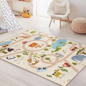 Safarispeelkleed, kleurrijk dierenavontuur kinderspeelkleed, rechthoekig vloerkleed dierenkaart, kinderkamertapijt, decoratie kinderkamer