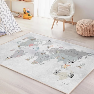 Tapis pour enfants carte du monde animal, tapis de jeu rectangulaire doux pour chambre d'enfant, décoration de chambre d'enfant, tapis éducatif, tapis à thème animal