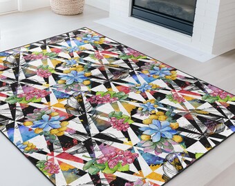 Geometric Floral Area Rug, Colorful Modern Home Decor