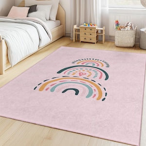 Rainbow Pattern Kids Rectangular Rug, Colorful Nursery Carpet, Playroom Decor, Soft Area Rug for Children, Pastel Rainbow Rug