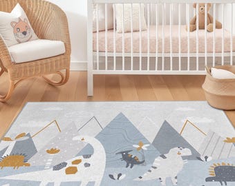 Dinosaur Adventure Kids Rug, Cute Dinosaur Theme Rectangle Rug for Children's Room, Soft Playroom Carpet, Nursery Decor