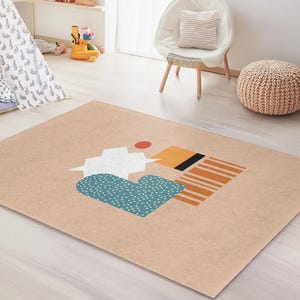 Geometric Pattern Rectangle Kids Rug, Modern Playroom Carpet, Colorful Nursery Rug, Chic Children&#39;s Room Decor, Soft Floor Mat
