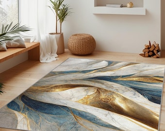 Elegant Blue and Gold Abstract Rectangular Area Rug | Luxurious Modern Home Decor | Soft and Washable Carpet for Living Room