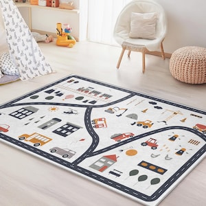 Kleurrijk stadswegspeelkleed voor kinderen, interactief tapijt met wegenkaart, leuke speelmat voor kinderen voor kinderdagverblijf, speelkamer en slaapkamer