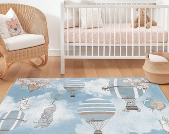Whimsical Hot Air Balloon Kids Rectangular Rug, Nursery Decor, Soft Play Mat for Children's Room, Playroom Carpet, Baby Shower Gift