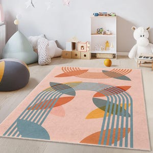 Colorful Geometric Rectangular Kids Rug, Modern Pattern Nursery Carpet, Playroom Floor Mat, Fun Decorative Area Rug